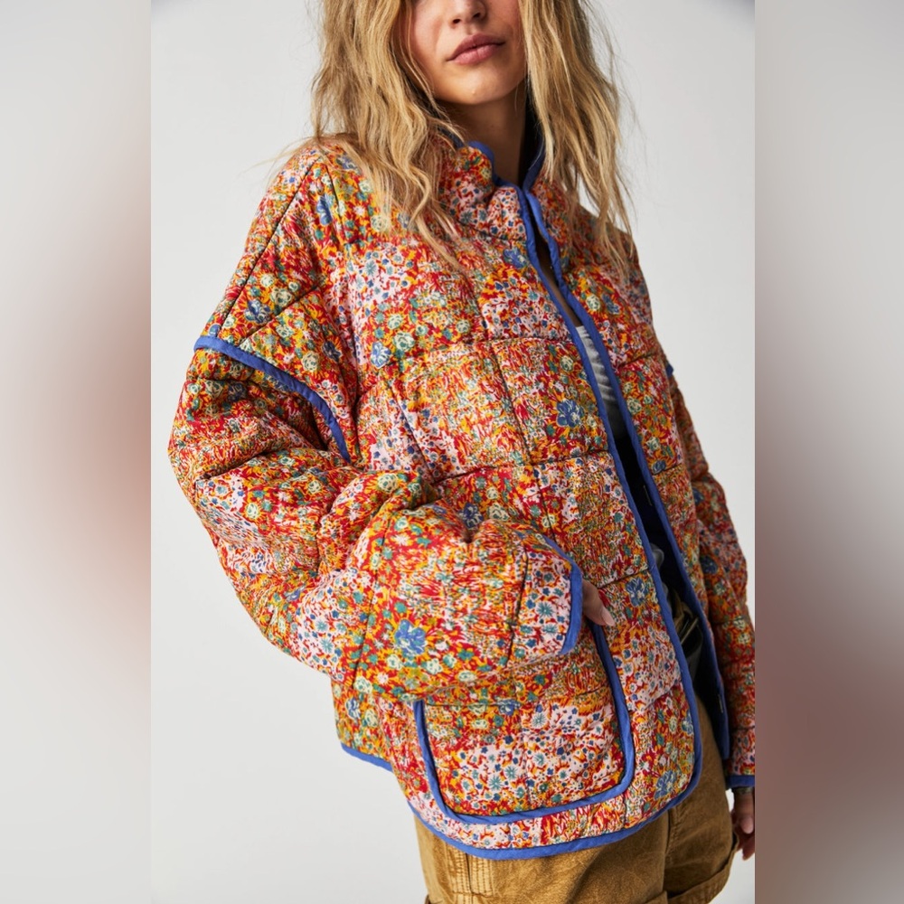 Free People Quilted Floral Puffer Jacket in “Candy Combo”